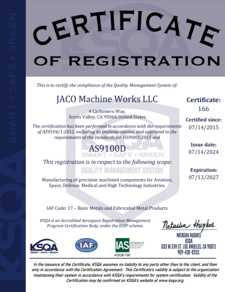 JACO ISO 9001 AS9100 Certification 7-13-2027